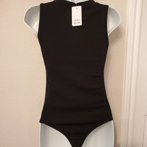 Women Sleeveless Knit Bodysuit Black Color 1/4 Zip up front closure. Mock Neck. - Picture 3 of 12